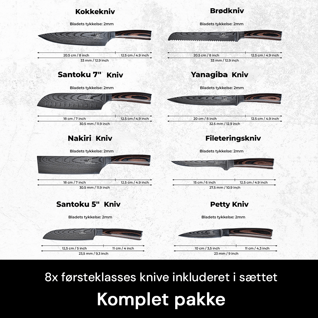 Detalje af kokkekniv fra 8-dels knivsæt. Rustfrit stål og pakkaholz greb sikrer præcis udskæring.