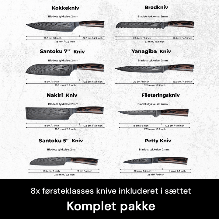 Detalje af kokkekniv fra 8-dels knivsæt. Rustfrit stål og pakkaholz greb sikrer præcis udskæring.
