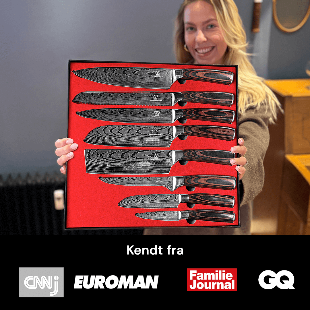 Smukt 8-dels knivsæt. Blankt rustfrit stål kombineret med unikke håndtag i pakkaholz og epoxy.