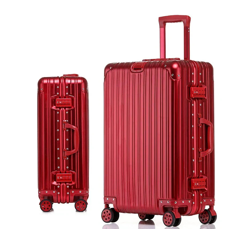 Glat rullende rejsekuffert i aluminium med 360-hjul. Letvægts hardcase for ubesværet rejsebagage.