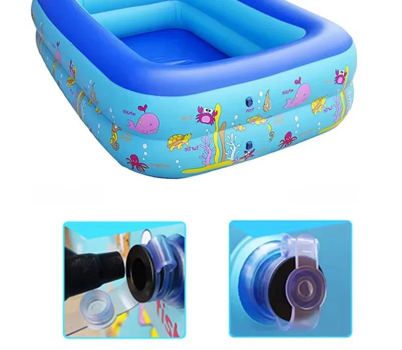 Stor rektangulær oppustelig familiepool i holdbar PVC. Ideel til afkølende sommerleg i haven.
