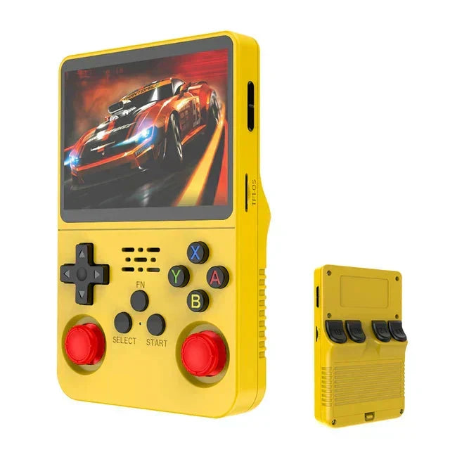 Moderniseret retro spilkonsol med quad-core processor, 64GB og HD skærm for flydende gaming.