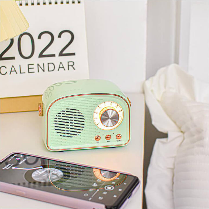 Farverig retro Bluetooth højttaler med indbygget FM radio. Nyd trådløs lyd i vintage stil.