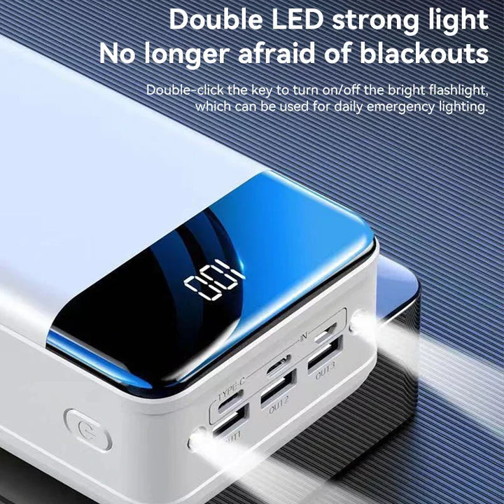 Robust sort powerbank 50.000mAh, essentiel nødstrøm til camping og rejser. Bærbar USB-oplader.