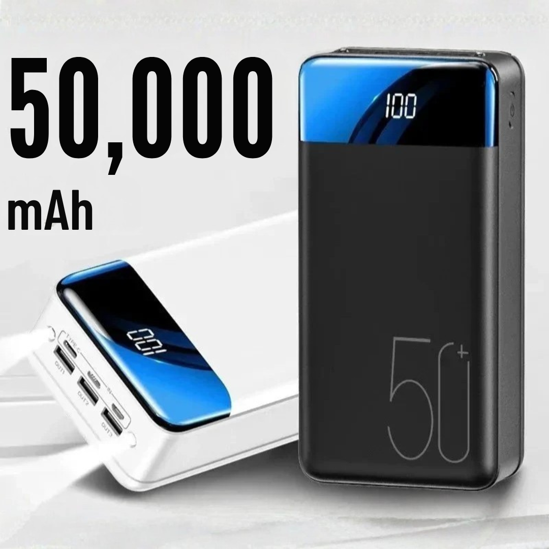 Slidstærk 50.000mAh powerbank, sikrer pålidelig nødstrøm og bærbar opladning overalt.
