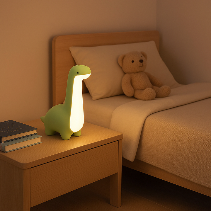 Sød grøn dinosaur natlampe i silikone til børneværelset. Giver et beroligende nattelys og tryghed.
