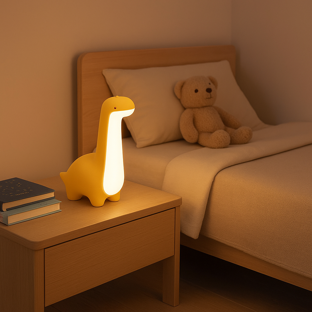 Genopladelig dinosaur silikone natlampe. Ideel børnelampe til børneværelset, giver trygt og blødt lys.