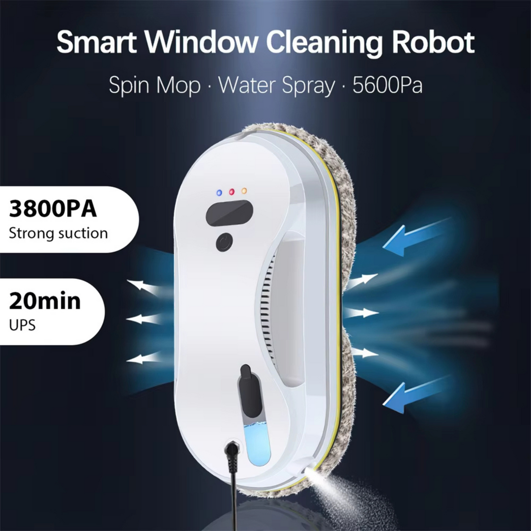 Detalje af smart vinduespudserrobot, der klæber til glas. Sikker og effektiv rengøring.