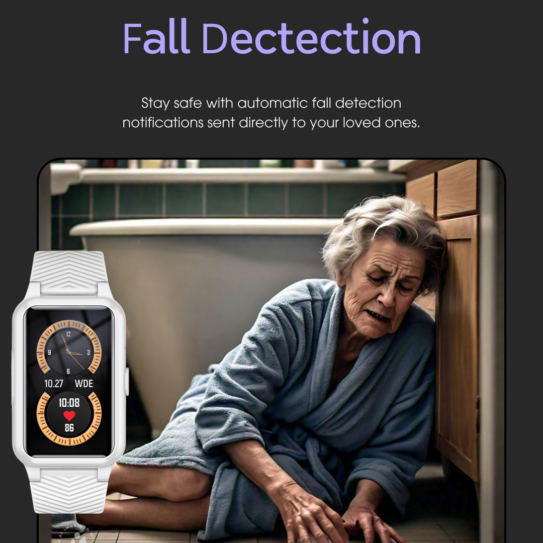 Nærbillede af SOS-alarmknap på senior-smartwatch. Giver hurtig hjælp og tryghed ved nødsituationer.