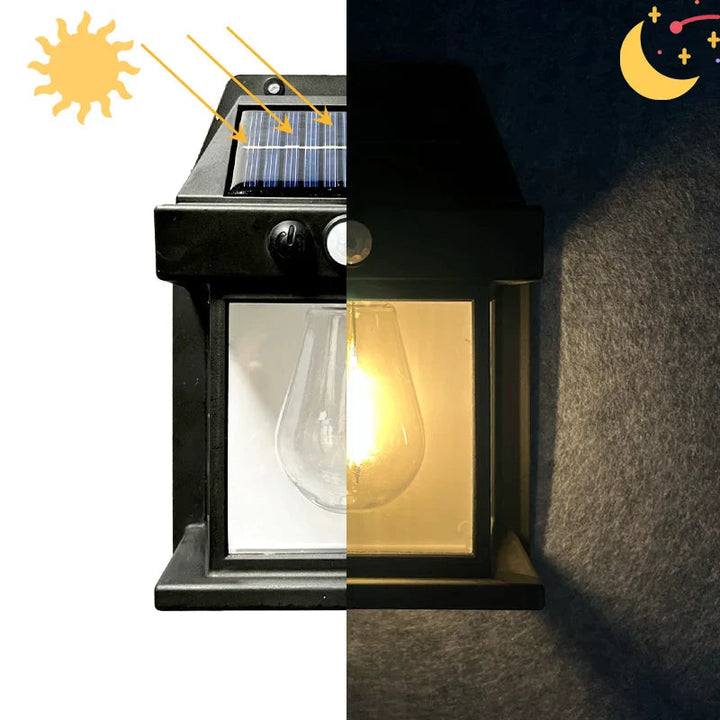 Energibesparende solcelle væglampe. Smart LED lys med bevægelsessensor til havebelysning. Sort design.