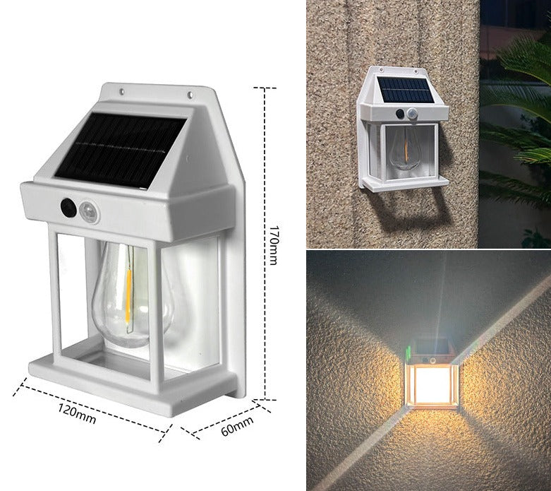 Intelligent udendørs væglampe. Solcelle drevet med bevægelsessensor og LED lys. Vejrbestandig, smart belysning.