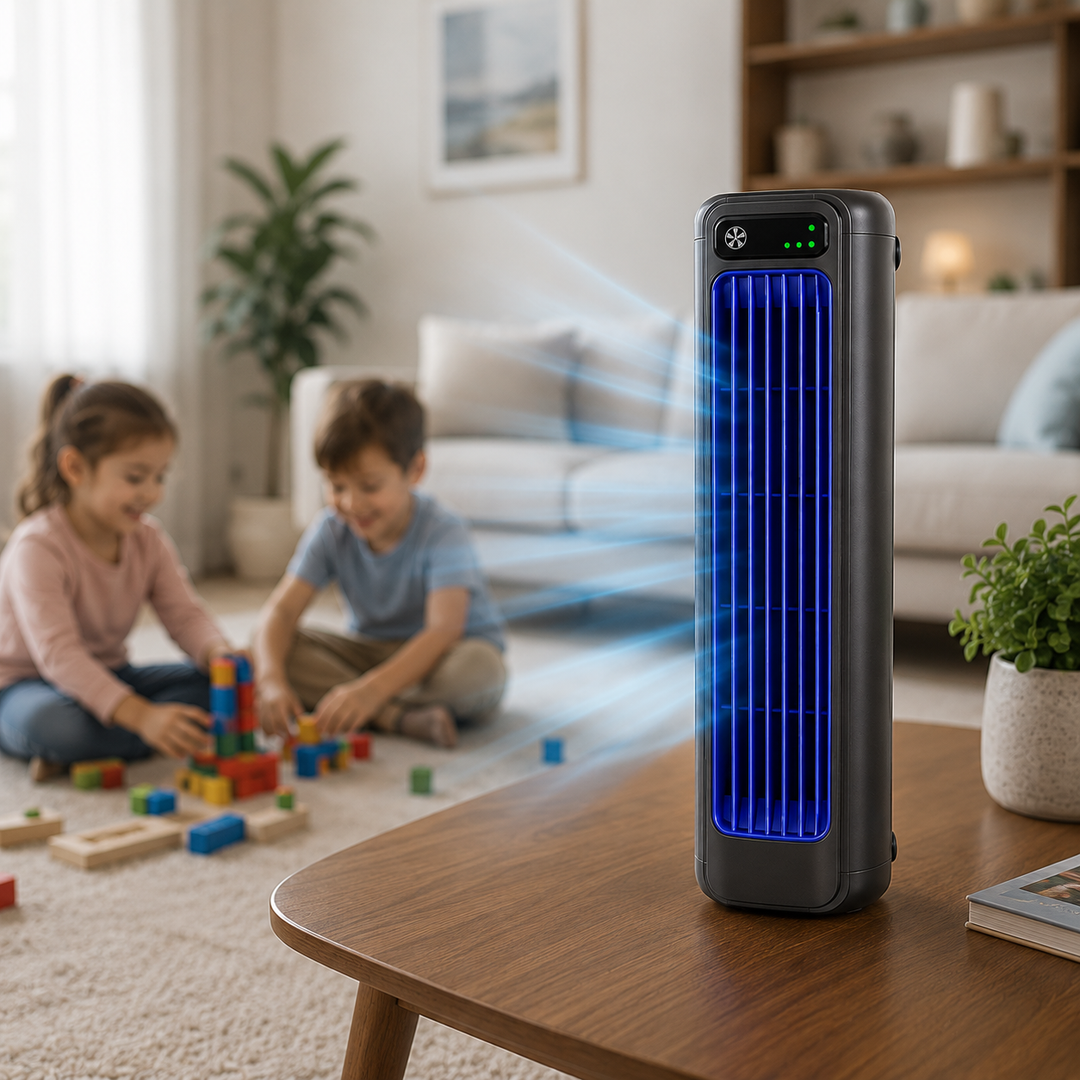 Pladsbesparende tårnventilator i sort, perfekt til frisk luft og sommerkomfort i ethvert rum.