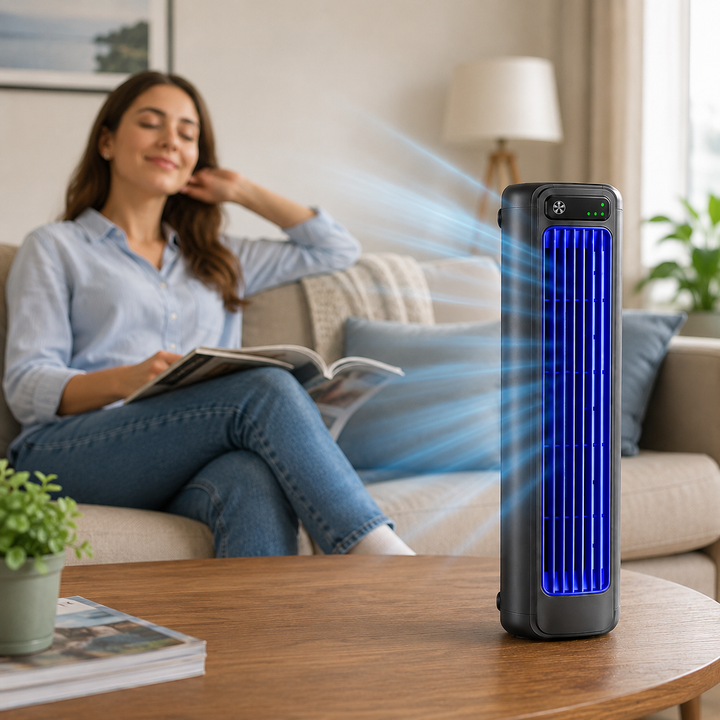 Moderne bladløs ventilator, der giver behagelig og støjsvag køling med let fjernbetjening.