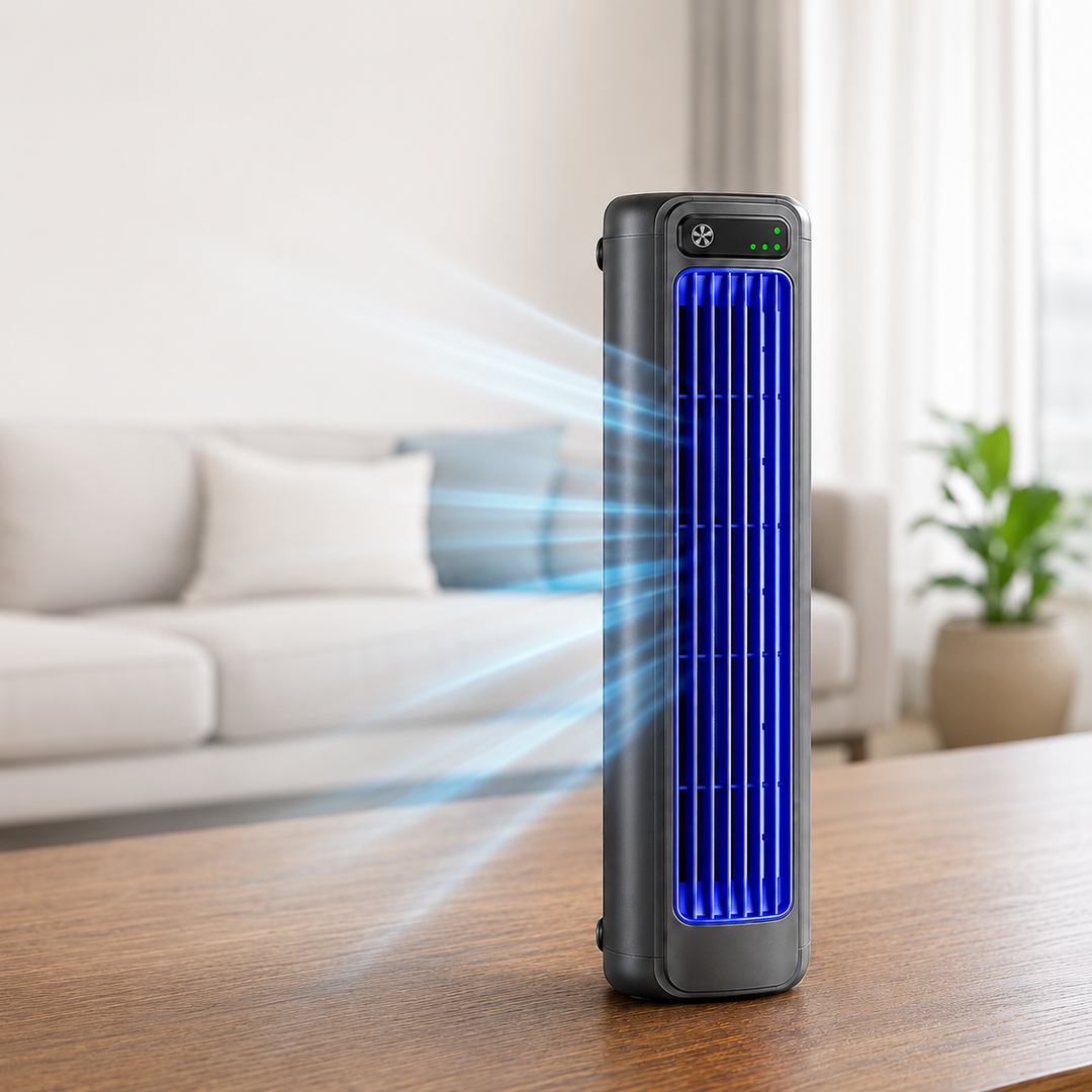 Elegant indendørs ventilator, sort bladløs tårnventilator med fjernbetjening, for optimal sommerkomfort.