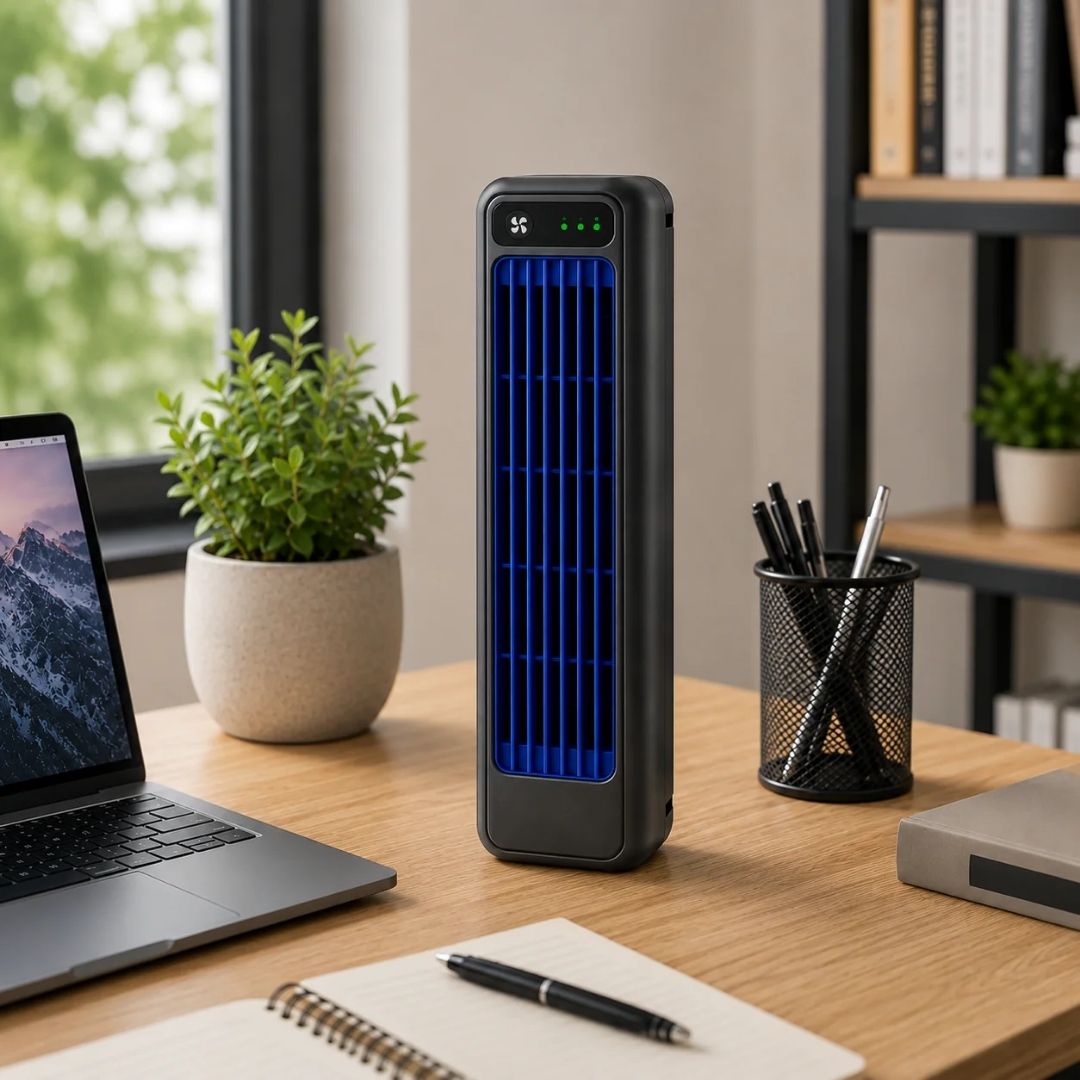Sort tårnventilator med bladløst design, ideel til effektiv og diskret køling af hjemmet.