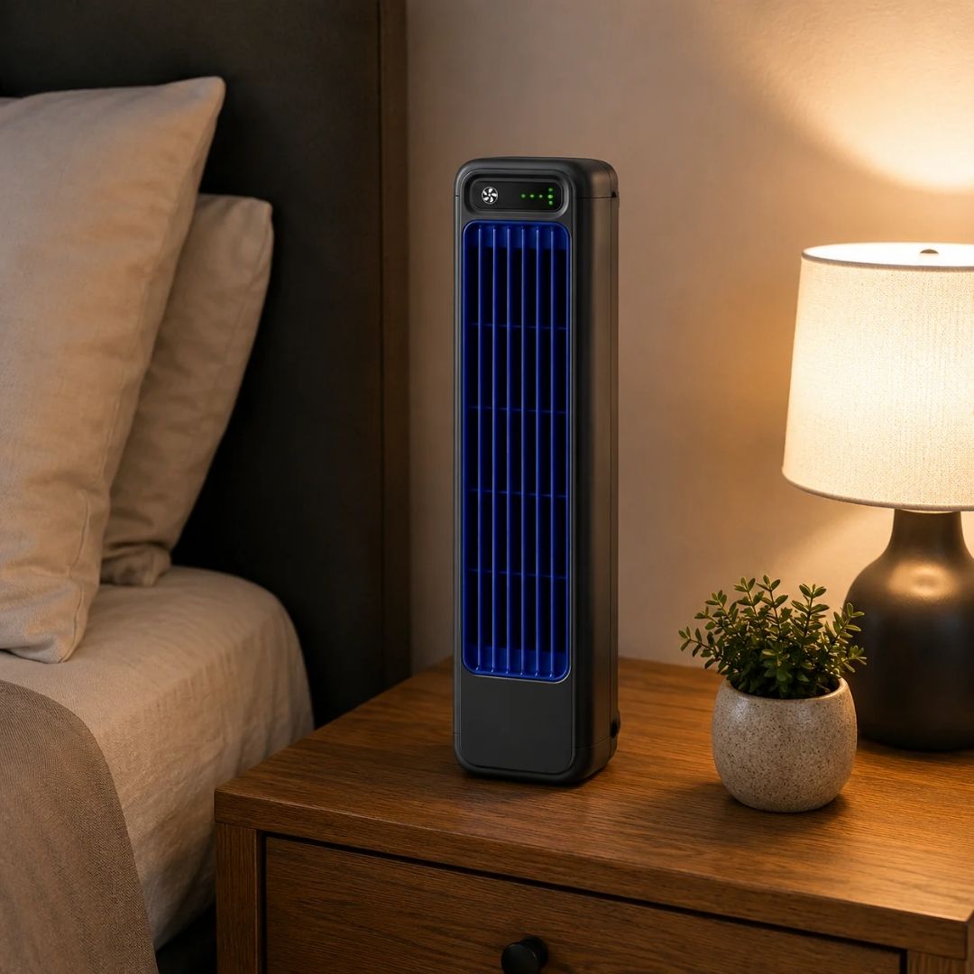 Bladløs tårnventilator med slankt, sort design, leverer konstant frisk luft og køling.
