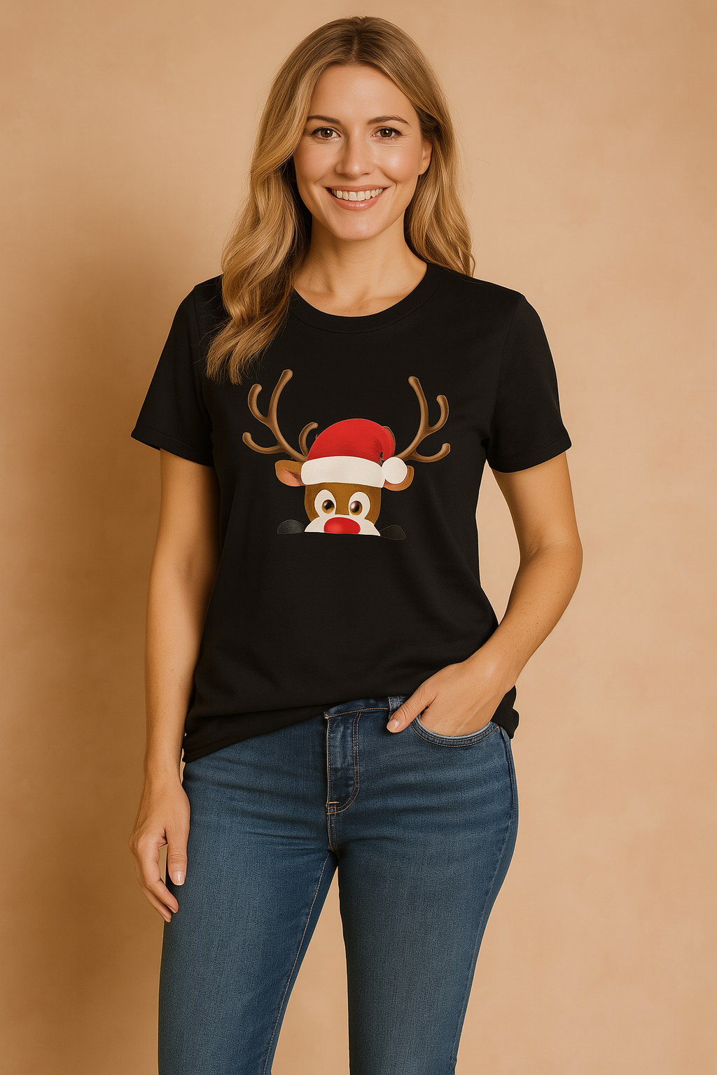 Festlig dame T-shirt med humoristisk julemand og rensdyr. Ideel som julegave eller til afslappet julehygge.