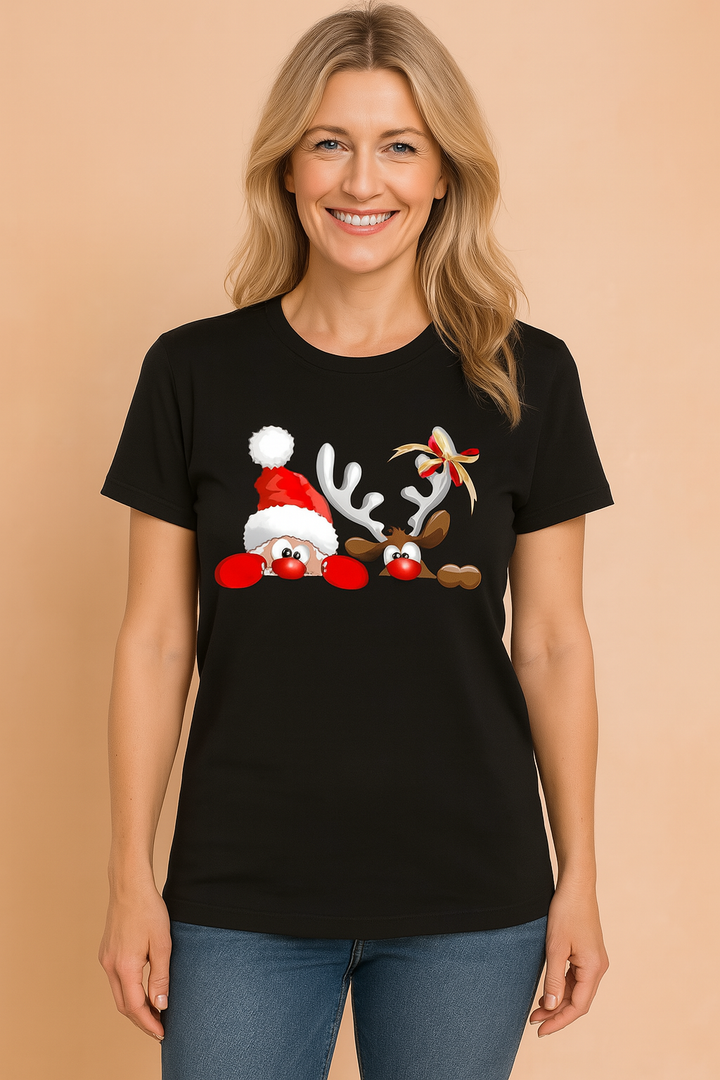Dame jule T-shirt i sort med et unikt, humoristisk rensdyr- og julemandsprint. Til en festlig julefrokost.