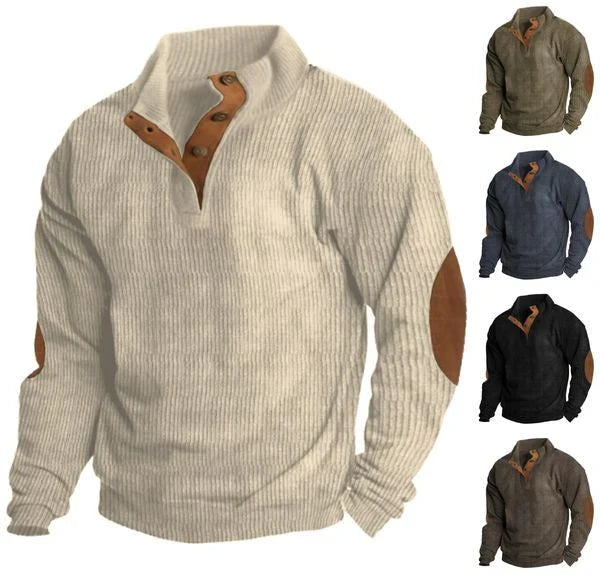 Stilfuld mænds vintertrøje med knapper i klassisk design, perfekt til varme på kolde dage. Herretrøje.