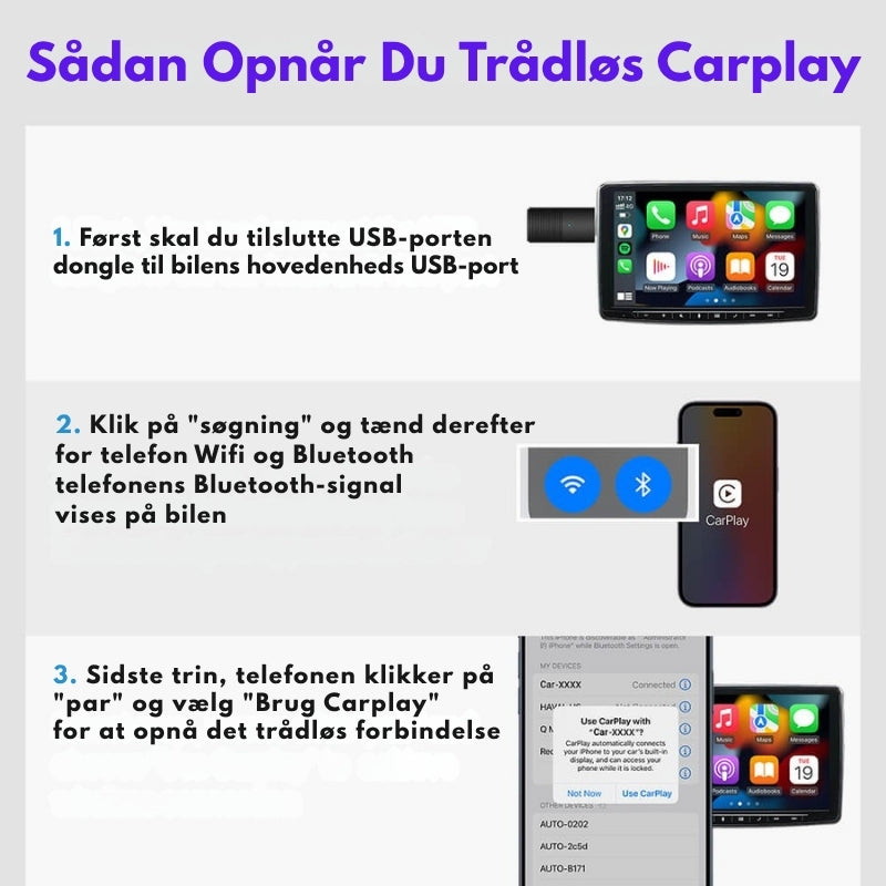 Automatisk tilslutning via trådløs CarPlay/Android Auto adapter for problemfri navigation.