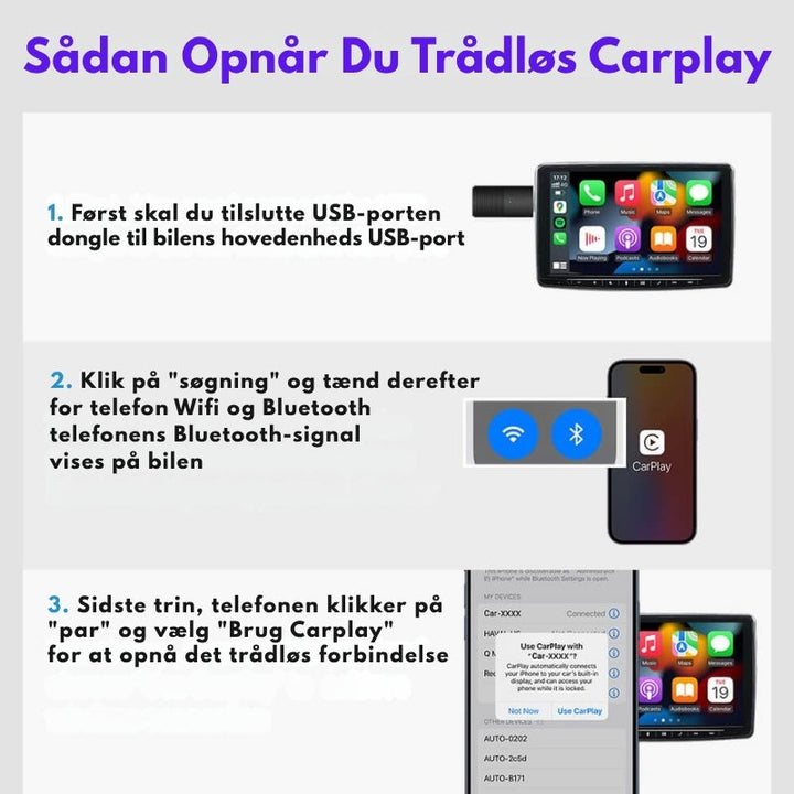 Automatisk tilslutning via trådløs CarPlay/Android Auto adapter for problemfri navigation.
