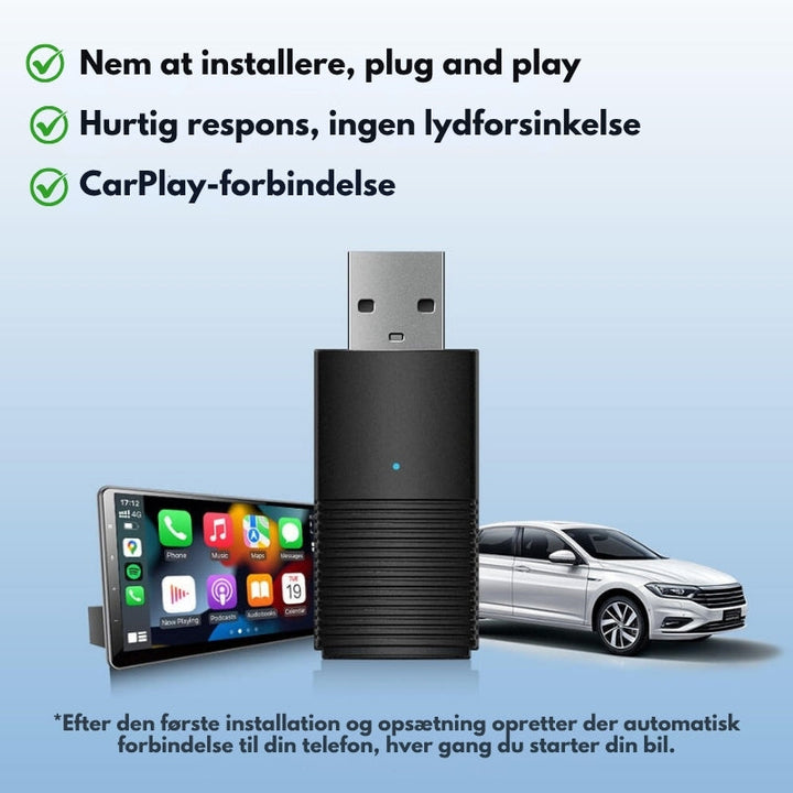 Kompakt trådløs adapter til CarPlay og Android Auto. Perfekt til bil elektronik.