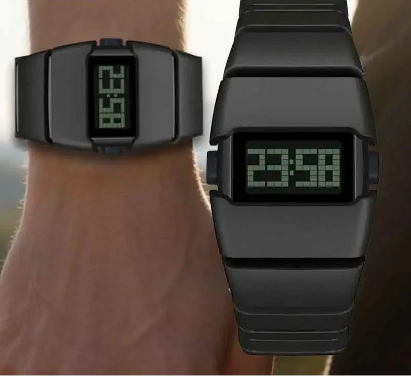 Stødsikkert unisex digitalt ur med LED-display i sort kunstharpiks. Ideelt til sport og aktive dage.