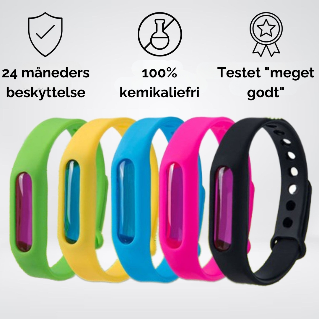 Familie med unisex myggesikring armbånd. Kemikaliefrit, naturligt og genopfyldeligt for tryg sommerbeskyttelse udendørs.