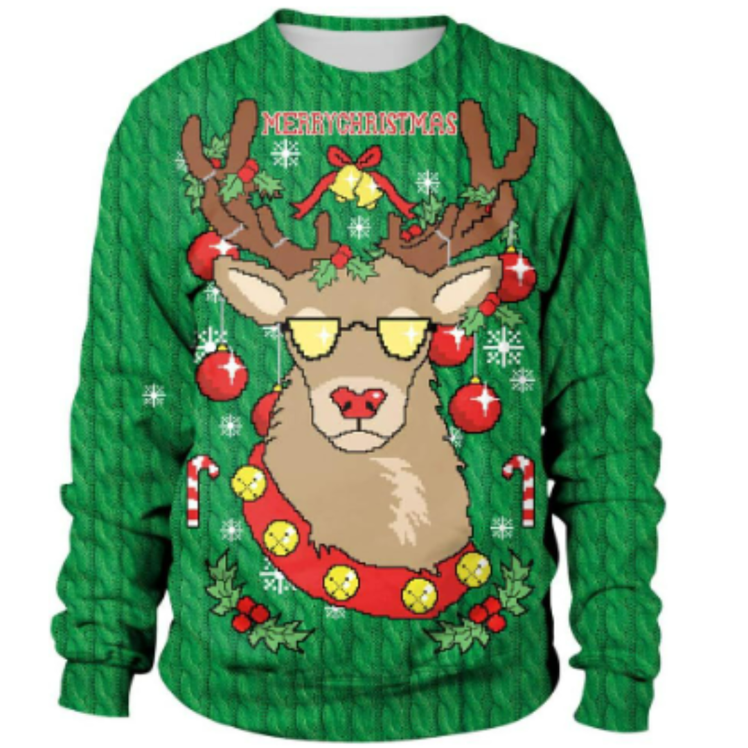 Hyggelig og afslappet oversized juletrøje i tyk strik. Unisex design, komfortabel til vinterens fester.