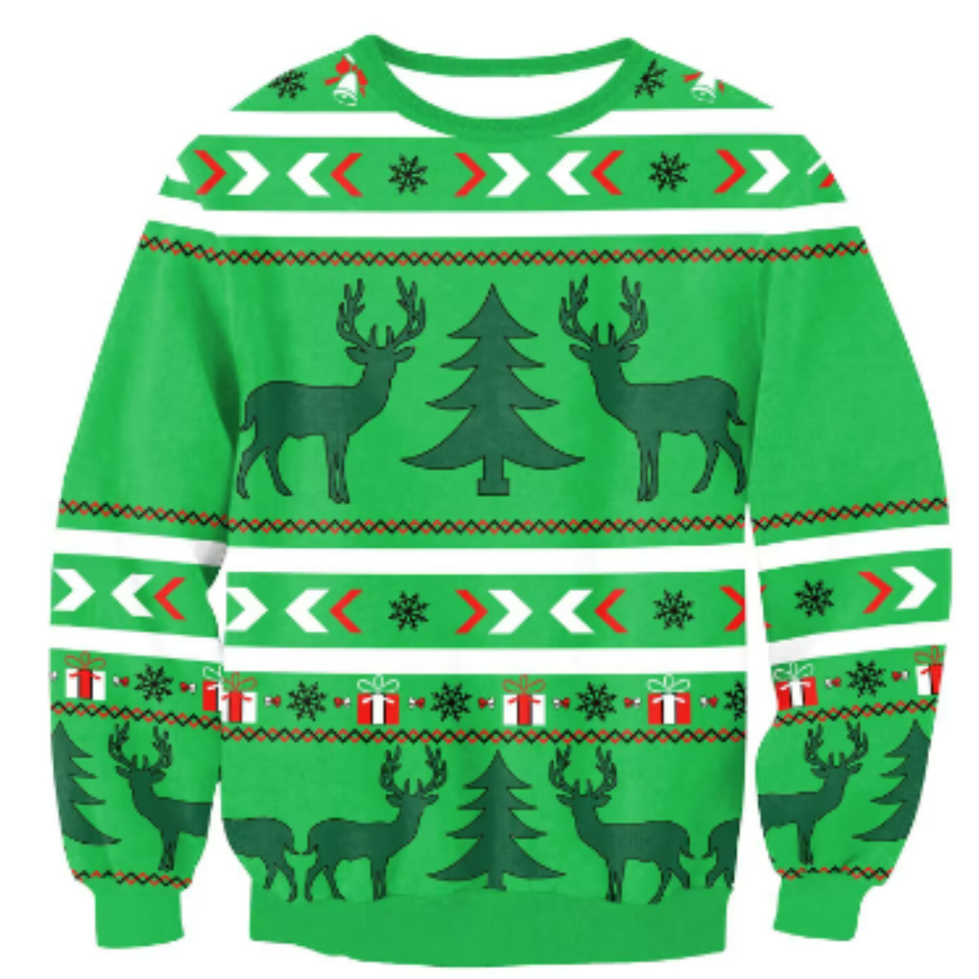 Grøn strikket unisex julesweater i oversized model. Varm, festlig og perfekt til hygge i vinterkulden.