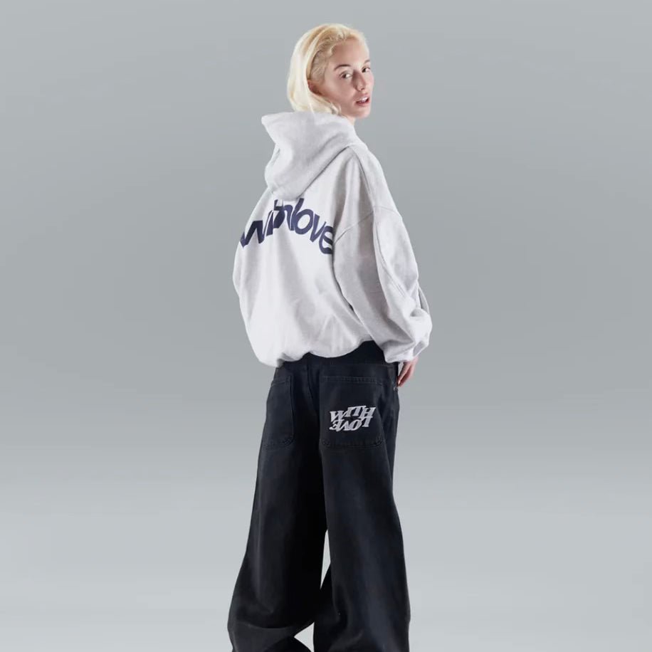 Mørkeblå oversized 'With Love' hættetrøje, blød, behagelig og trendy til alle.