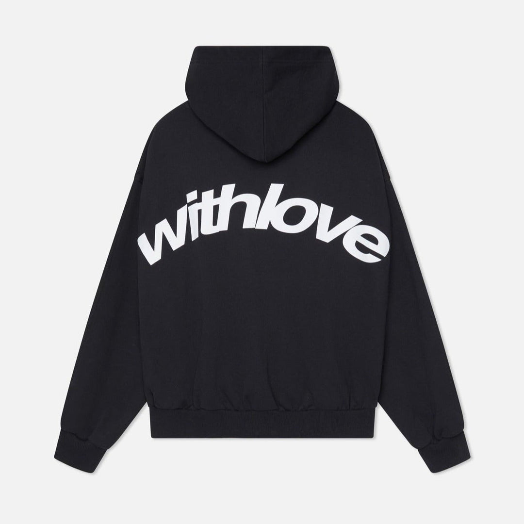 Stilfuld oversized hættetrøje med 'With Love' print, moderne design til unisex streetwear.