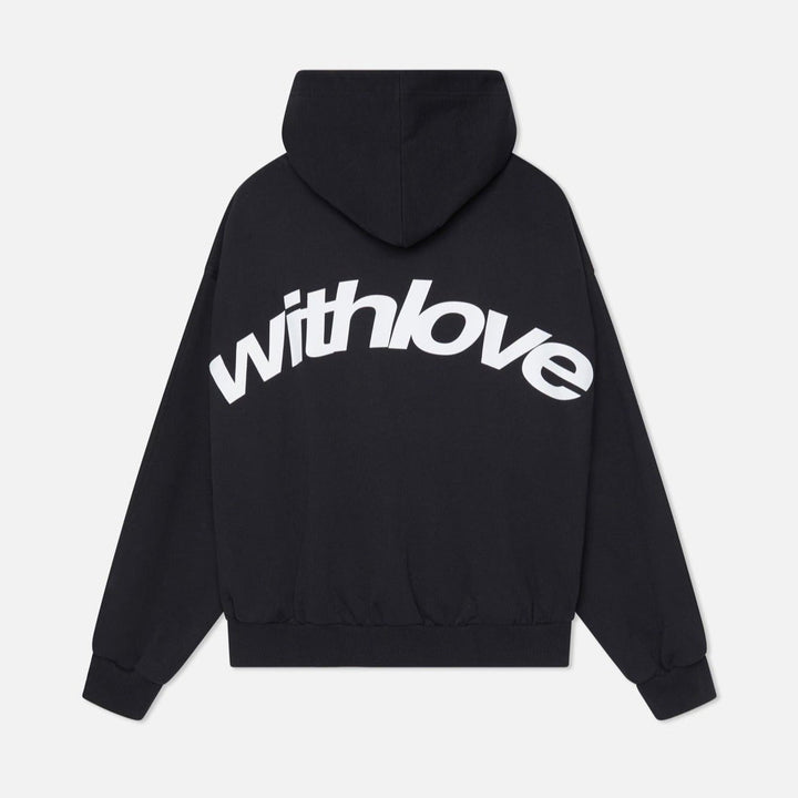 Stilfuld oversized hættetrøje med 'With Love' print, moderne design til unisex streetwear.