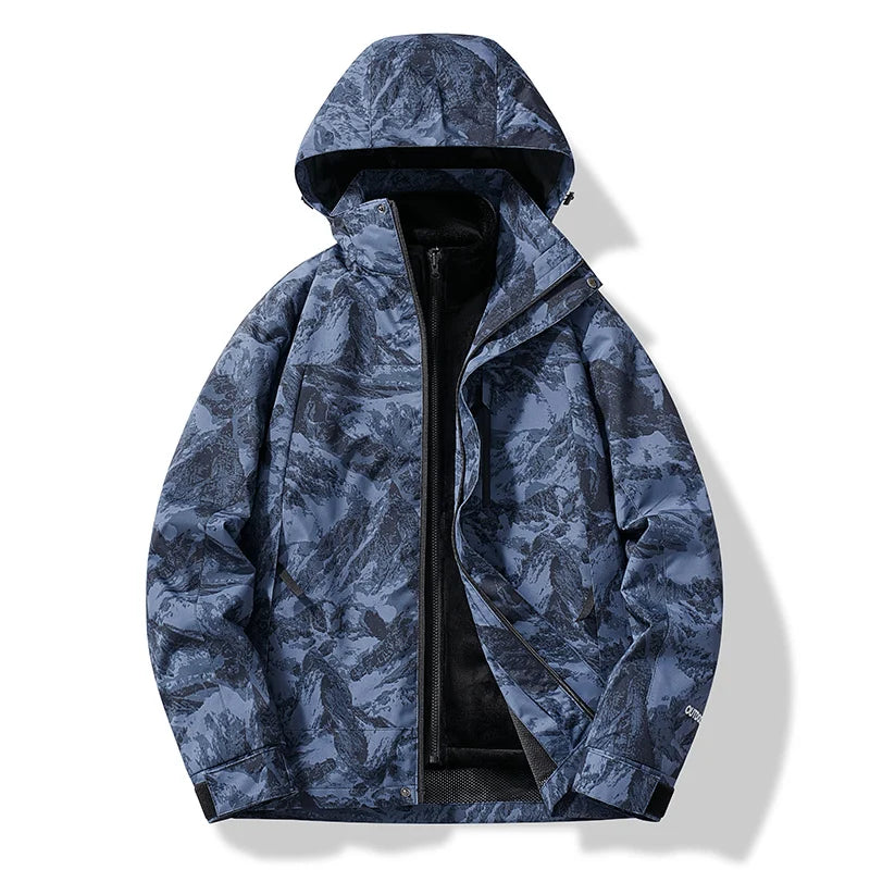 Detaljebillede af robust unisex skijakke med hætte. Funktionel og varm jakke til kolde udendørs oplevelser.