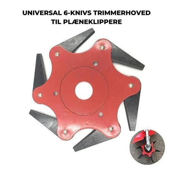 Robust Turbo Trim trimmerhoved med 6 slidstærke stålblade. Perfekt til klipning af græs og ukrudt i haven.