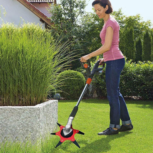 Turbo Trim universal trimmerhoved med 6 stålblade. Fjerner ukrudt og trimmer græs effektivt i haven.