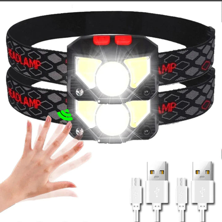 Kompakt sort LED-pandelampe med bevægelsessensor, USB genopladelig, ideel til al friluftsliv.