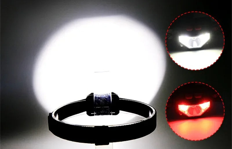 Sort LED-pandelampe med bevægelsessensor, USB genopladelig, ideel til mørke vandreture.