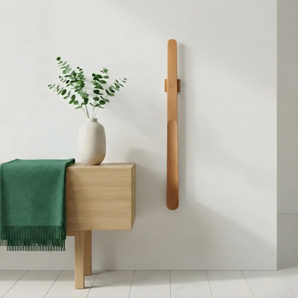 Stilrent egeskohorn med magnetisk vægholder. Perfekt til nordisk boligindretning.